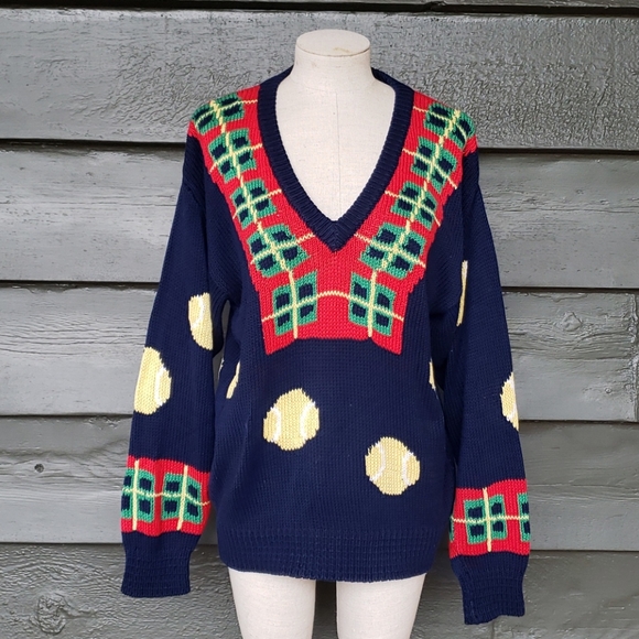 Vintage TENNIS V-neck Chunky Knit Pullover Sweater - Picture 2 of 10